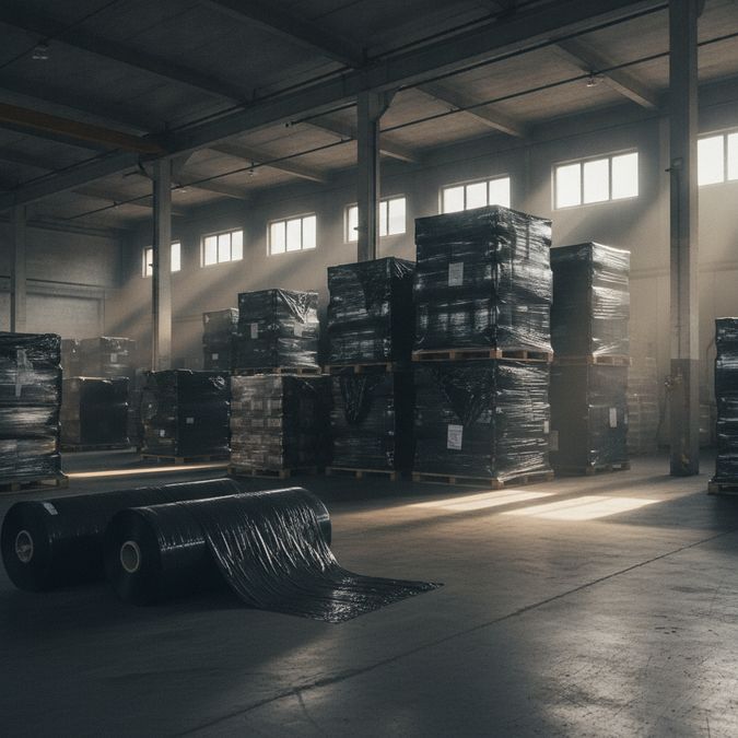Lona plástica preta cobrindo paletes empilhados em galpão industrial com rolos de filme plástico no primeiro plano