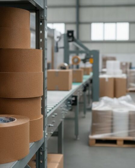 Rolos de fita adesiva de borracha sintética empilhados em prateleira industrial com caixas de papelão ao fundo
