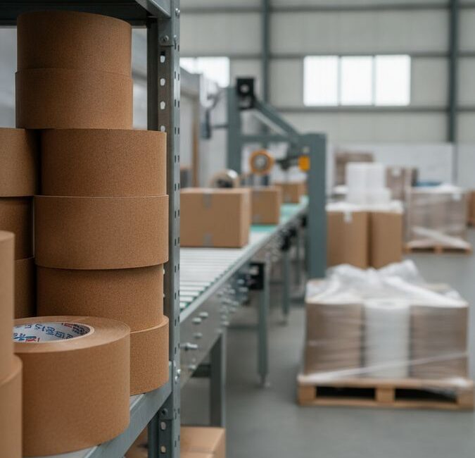 Rolos de fita adesiva de borracha sintética empilhados em prateleira industrial com caixas de papelão ao fundo
