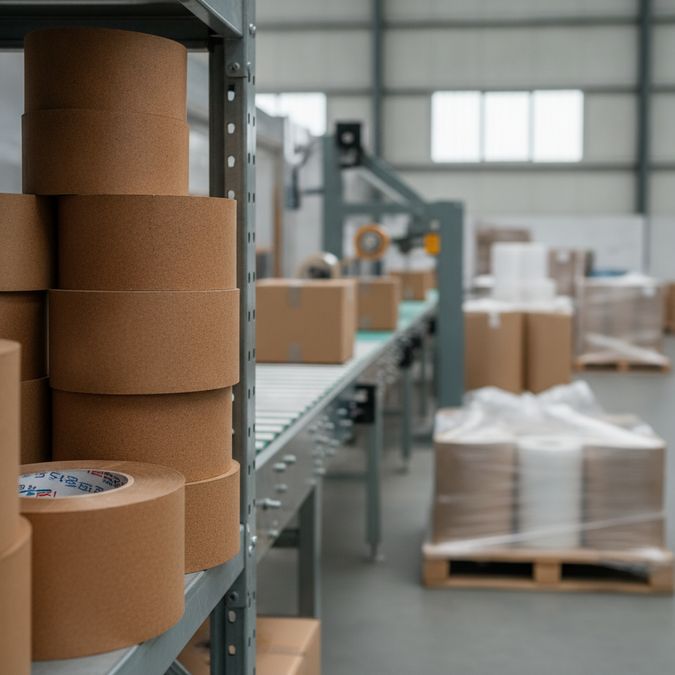 Rolos de fita adesiva de borracha sintética empilhados em prateleira industrial com caixas de papelão ao fundo