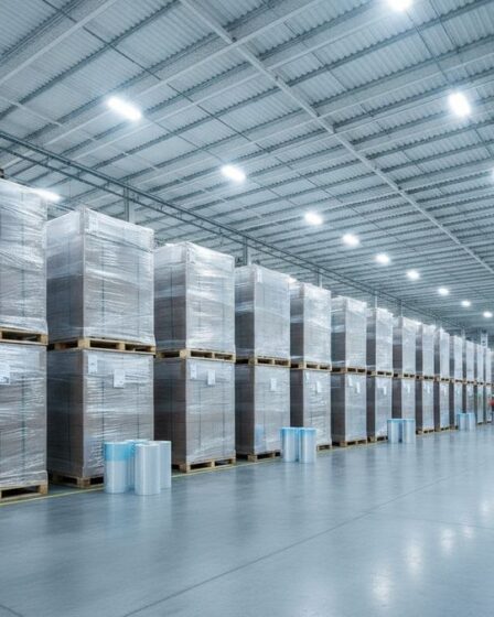 Paletes envolvidos com filme stretch transparente em armazém industrial, com bobinas de filme ao lado