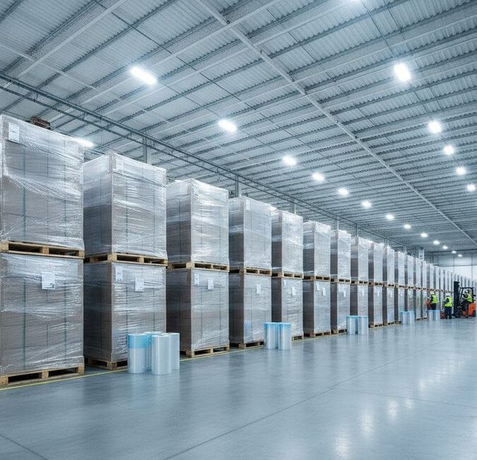Paletes envolvidos com filme stretch transparente em armazém industrial, com bobinas de filme ao lado