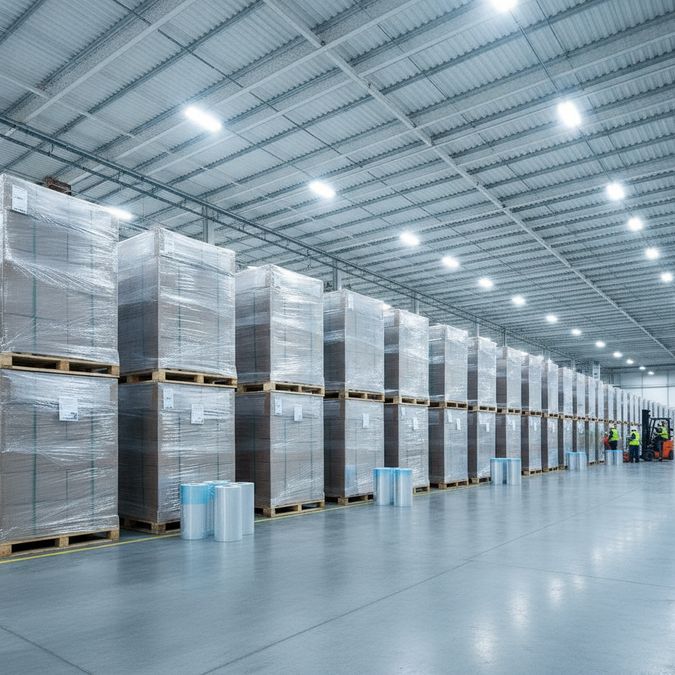 Paletes envolvidos com filme stretch transparente em armazém industrial, com bobinas de filme ao lado